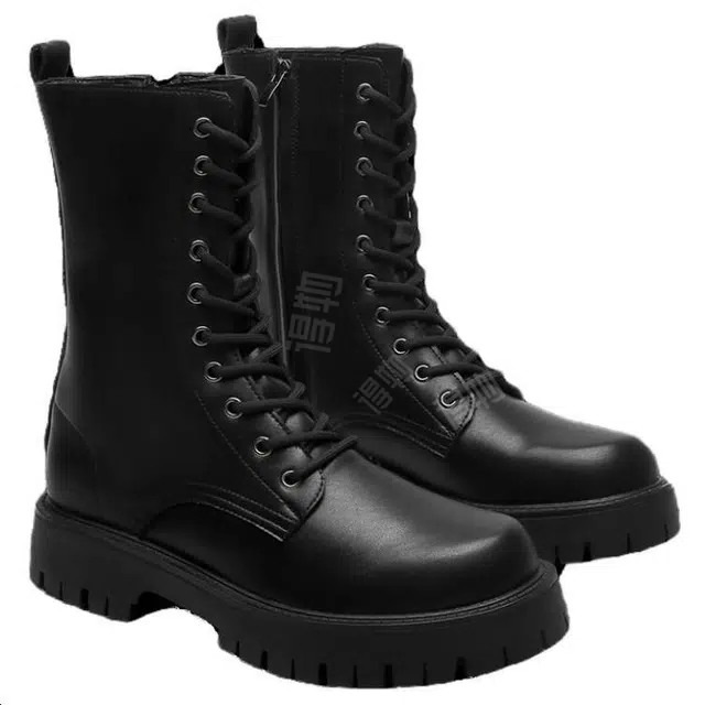 健休 二层牛皮 简约百搭 中筒 马丁靴 男女同款 黑色