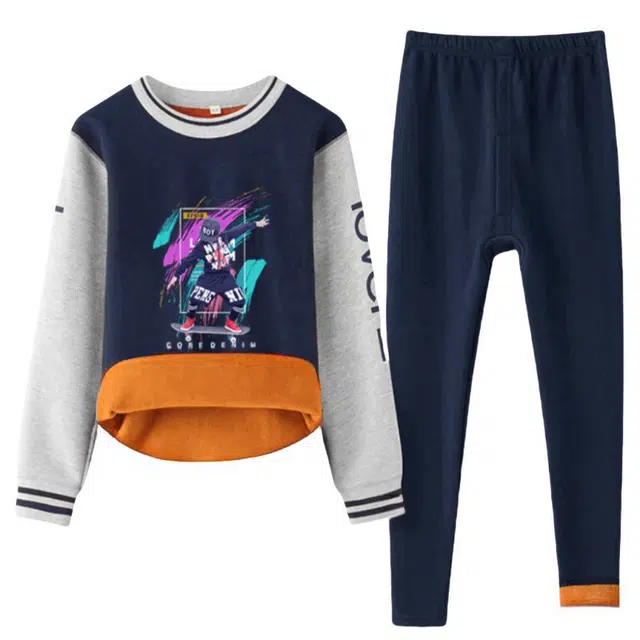 兰缪 青少年圆领加厚黄金绒家居服个性卡通涂鸦不易褪色起球防刮耐磨蓄热锁温抗寒舒适透气可外穿保暖套装 男款