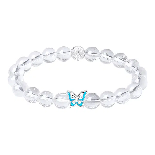 【做个富婆】 完美爱 蝴蝶白月光手饰 新中式小众时尚优雅蓝色蝴蝶高级感串珠水逆退散诸事好运 八方来财天然 白水晶 手串 女款