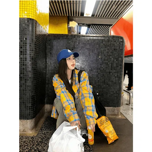 颂希尔 格子衬衣美式复古薄款宽松休闲开衫上衣外套长袖衬衫 男女同款