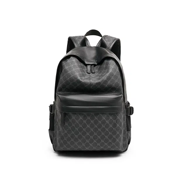 老人头 经典通勤百搭大容量上班潮流背包 合成革 双肩包 常规 男款 黑色印花