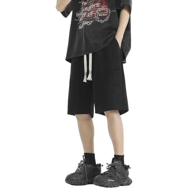 左岸 夏季青少年港风潮流宽松印花色系带中裤薄款沙滩裤五分裤子休闲短裤 男款