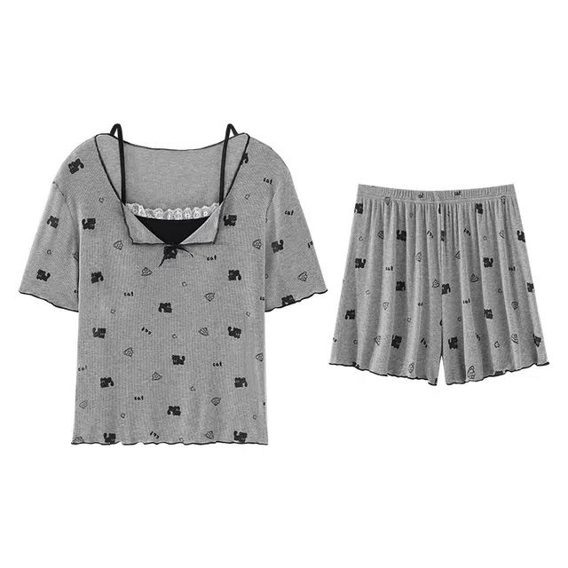 欧诗帛 夏季韩版可外穿女士莫代尔冰丝凉感带胸垫短袖短裤家居服睡衣套装 女款