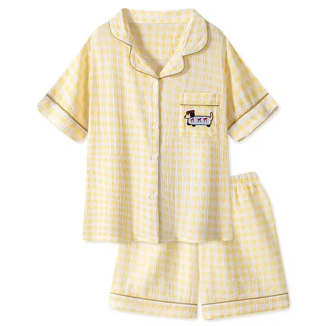 俏韵 翻领夏季云朵棉简约格子套头短袖可爱甜美家居服可外穿睡衣套装 女款