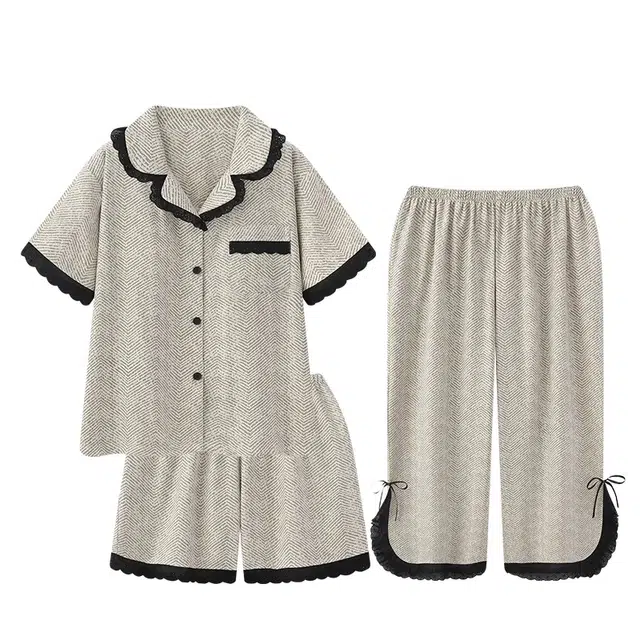 俏韵 翻领夏季甜美蝴蝶云朵棉短袖长裤三件套家居服可外穿睡衣套装 女款