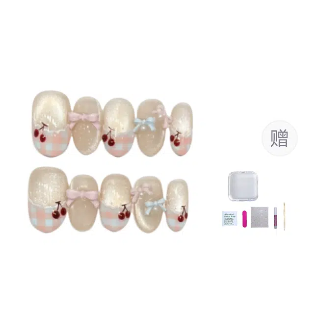 几多萌 樱桃丸子】小清新可爱法式猫眼美甲片纯手工穿戴甲短款  椭圆裸色裸色 纯欲