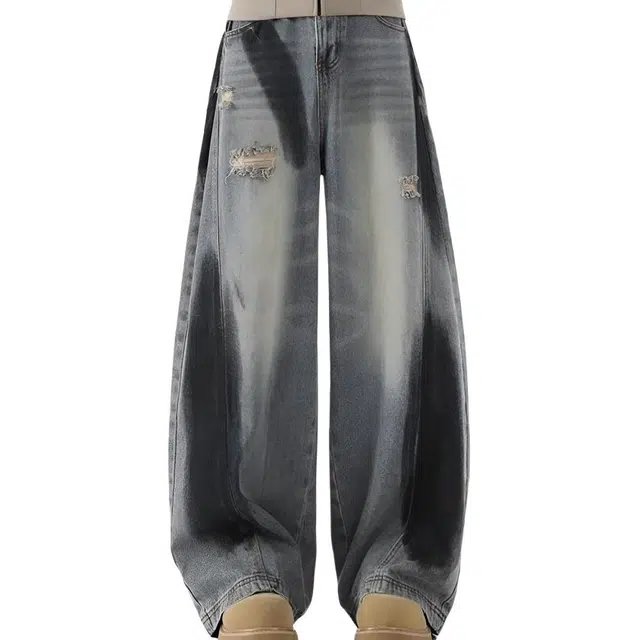 沐诚阳译 美式涂鸦阔腿春季潮牌宽松水洗破洞休闲裤高街痞帅直筒裤牛仔裤 男款