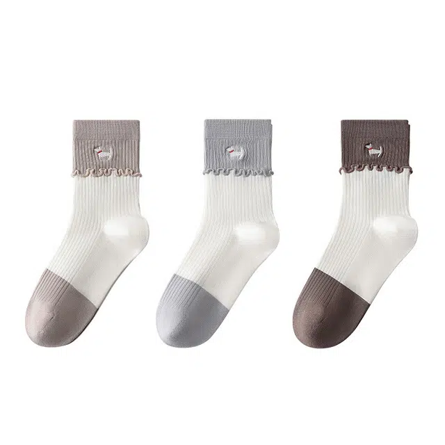 袜矩阵 春夏款刺绣木耳边立体卡通可爱无骨棉袜中筒袜 女款