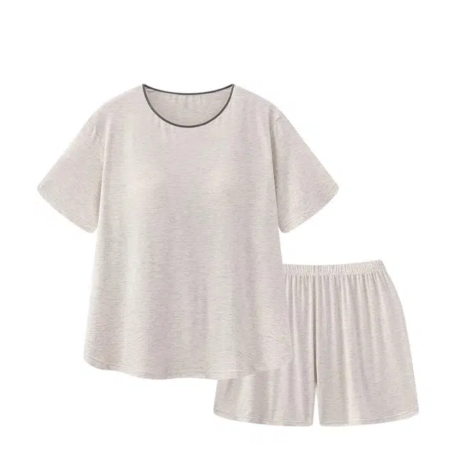 俏韵 圆领带胸垫夏季莫代尔短袖薄款夏天家居服可外穿睡衣套装 女款