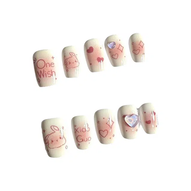 计轩 卡通穿戴甲指甲贴片纯手工美甲假指甲  短梯白粉晕染 可爱
