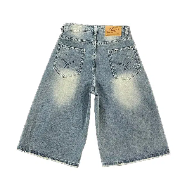 拓菲 夏季美式复古多破洞七分潮牌高街水洗宽松休闲阔腿裤子牛仔短裤 男女同款