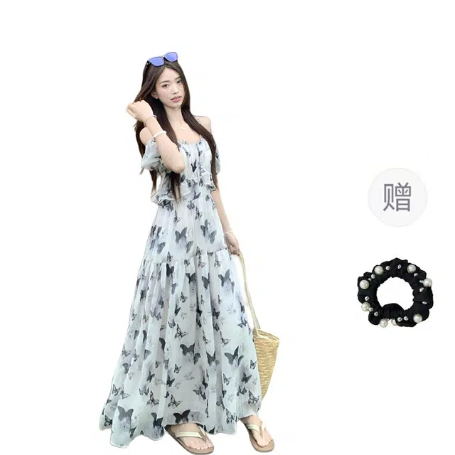 雾闪闪 百搭气质时尚优雅碎花短袖连衣裙 女款