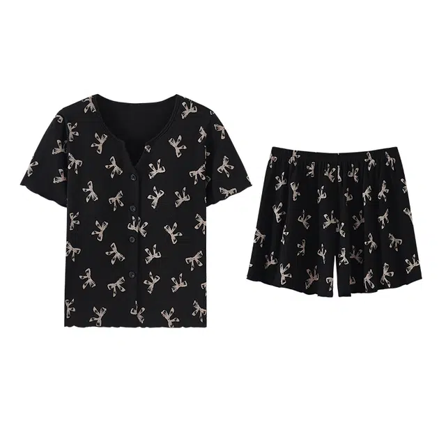 欧诗帛 夏季韩版女士莫代尔冰丝凉感带胸垫短袖短裤家居服可外穿睡衣套装 女款