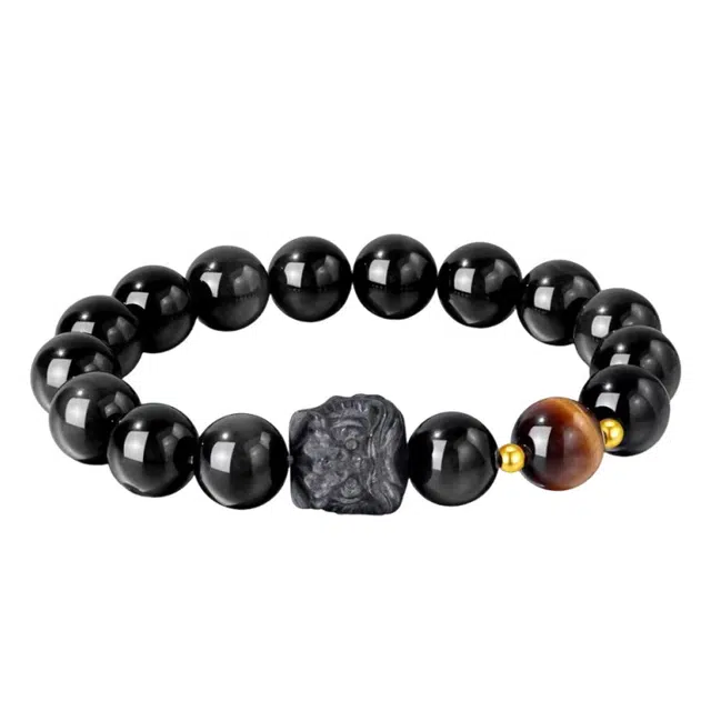 湘喜 国潮醒狮新中式招财时尚简约百搭招财纳福好运满满时来运转 黑曜石 手串 男女同款情侣款