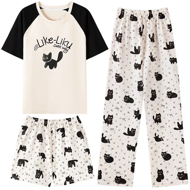 宫蝶 纯棉卡通短袖长裤家居服三件套可外穿休闲宽松夏季睡衣套装 女款