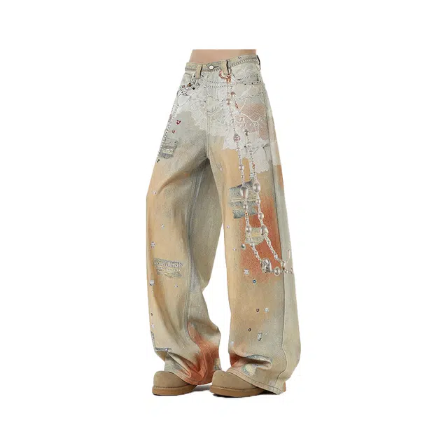 零氏 美式高街复古链条印花设计小众重工宽松百搭休闲直筒长裤阔腿牛仔裤 男女同款