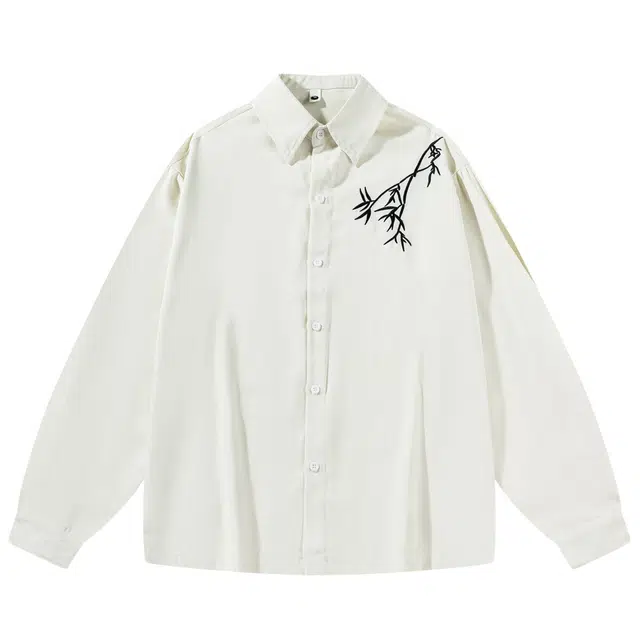 零氏 美式复古简约纯色宽松翻领单排扣落肩袖植物花卉设计凉感开衫舒适透气休闲时尚百搭无性别主义长袖衬衫 男女同款