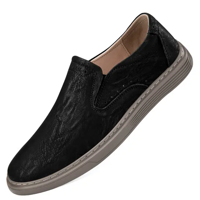 英伦骑士 头层牛皮 一脚蹬 柔软舒适 通勤 潮流百搭 时尚 休闲鞋 男款 黑色