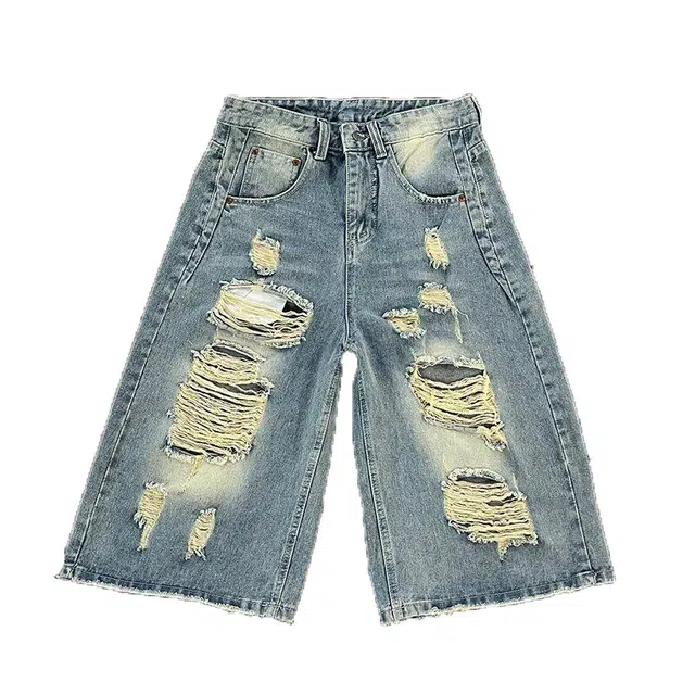 拓菲 夏季美式复古多破洞七分潮牌高街水洗宽松休闲阔腿裤子牛仔短裤 男女同款