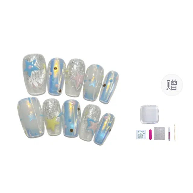 几多萌 夏日之星 纯手工穿戴甲高级感极光彩绘亮片猫眼 美甲片  中梯蓝色跳色 爆闪