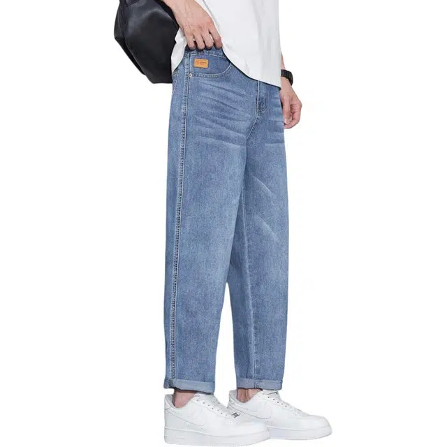 协协乐 天丝浅色水洗复古夏季薄款美式潮牌高街痞帅宽松直筒萝卜九分休闲长裤子牛仔裤 男款