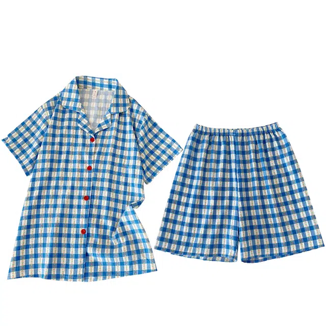 俏韵 翻领夏季云朵棉简约格子短袖可爱甜美家居服可外穿睡衣套装 女款