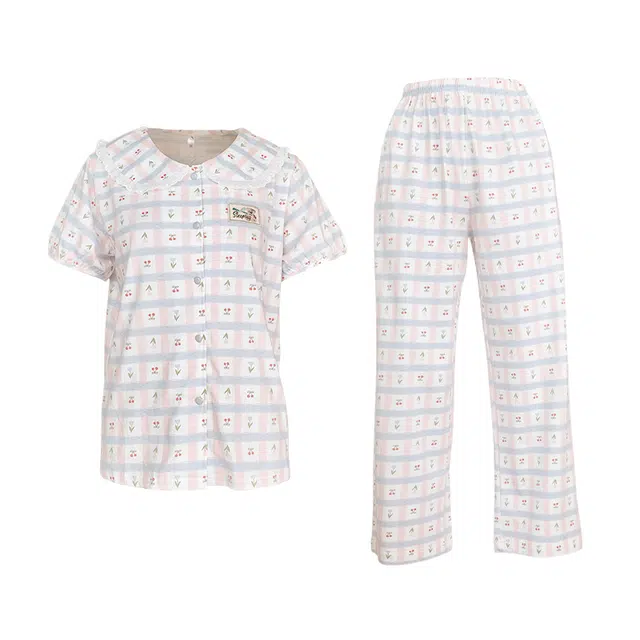 芬腾 女夏季纯棉家居服韩版开衫短袖长裤可外穿甜美卡通少女学生睡衣套装 女款