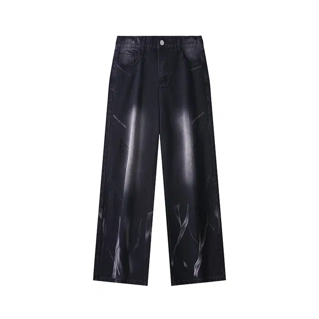 零氏 美式复古闪电纹扎染渐变设计做旧重水洗潮牌裤子高街风微喇长裤痞帅街头风直筒阔腿牛仔裤 男女同款