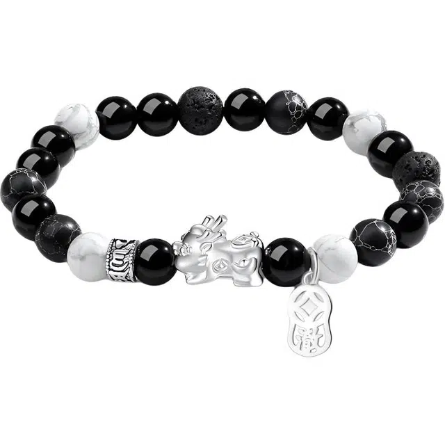 湘喜 招财吞金兽 八方来财 财源滚滚 黑曜石 手串 男女同款情侣款