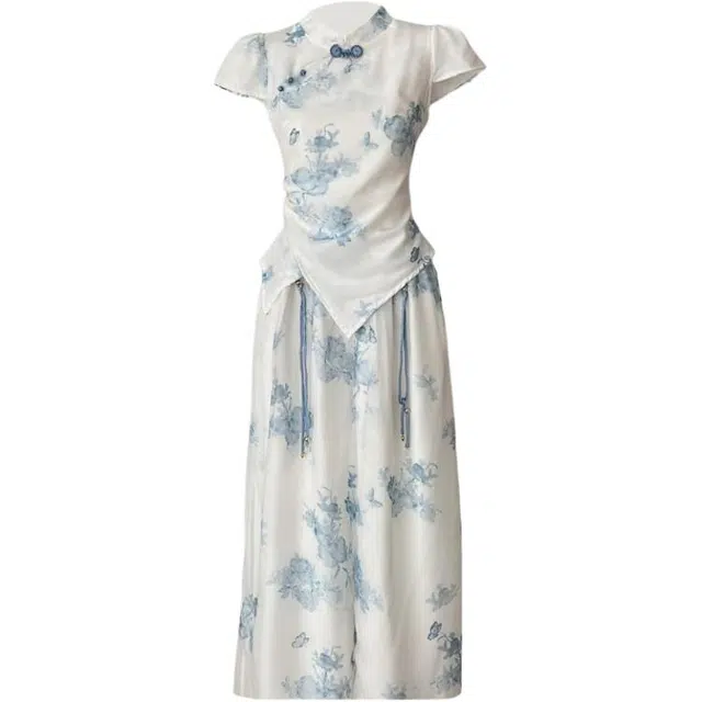 敲模女孩 新中式国风立领盘扣收腰修身上衣高腰阔腿薄款长裤休闲套装 女款