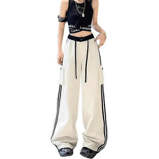 如续 美式复古辣妹条纹时尚潮流显瘦高腰宽松休闲裤女装工装裤 女款