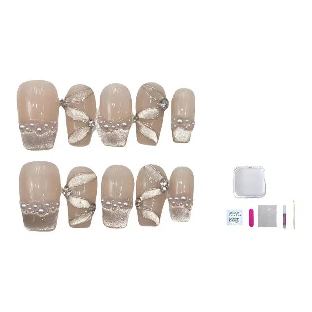 几多萌 穿戴甲手作纯欲轻奢风裸色猫眼法式飘带珍珠手工穿戴甲片批发  短圆裸色裸色 法式