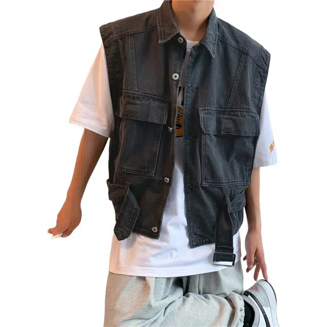 欧迪芬 美式水洗多口袋设计感无袖坎肩外套酷帅风韩版休闲百搭痞帅纯色翻领牛仔马甲 女款
