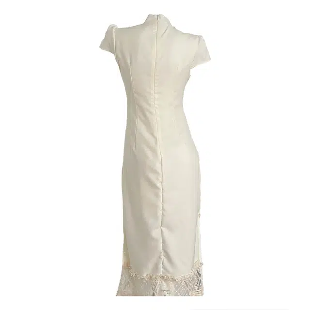 敲模女孩 新中式复古绣花蕾丝拼接收腰气质短袖连衣裙  女款