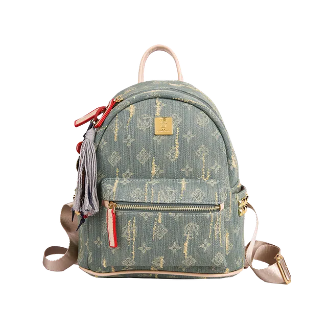 笛贝嘉 高级感印花百搭多用背包时尚轻便 牛仔布 双肩包 女款 复古蓝