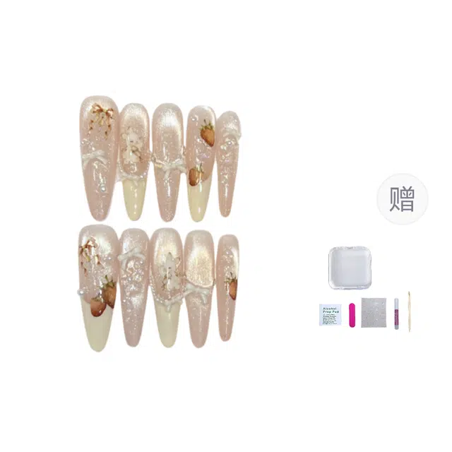 几多萌 法式甜酷丝带草莓兔美甲白色甲片可拆卸纯手工蝴蝶穿戴甲  杏仁粉色裸色 蝴蝶结