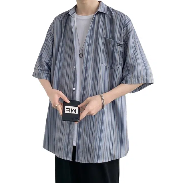 轻迎 日系复古条纹潮牌宽松休闲短袖衬衫 男款