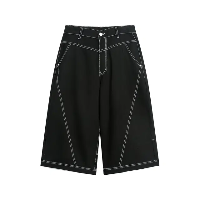 零氏 夏季美式复古高街潮流高级感基础拼接撞色明线设计休闲百搭宽松七分牛仔短裤 男女同款