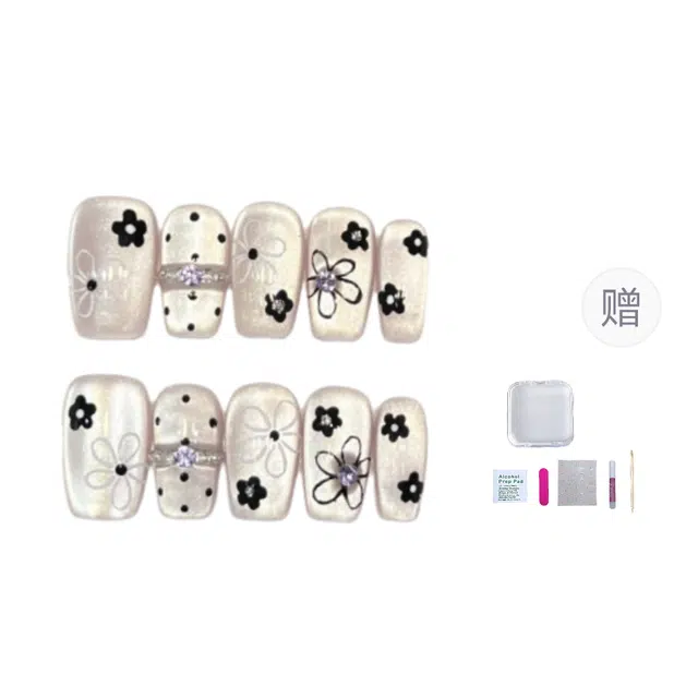 几多萌 精致可爱淡紫色高光猫眼美甲手绘小花碎钻纯手工穿戴甲  短方裸色跳色 爆闪