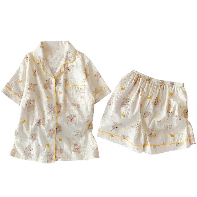 俏韵 翻领卡通小熊夏季云朵棉印花开衫短袖短裤甜美可爱家居服可外穿睡衣套装 女款