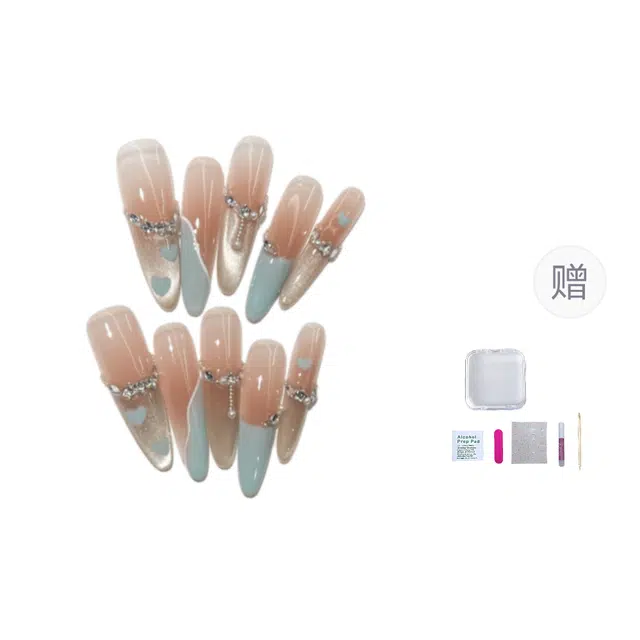 几多萌 纯手工穿戴甲高级感猫眼美甲贴法式腮红碎钻气质显白甲片  椭圆蓝色渐变 法式