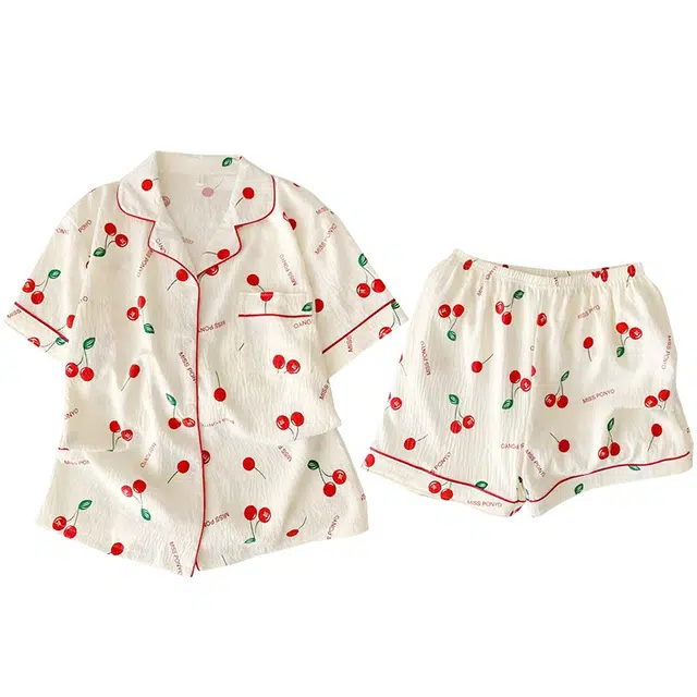 俏韵 翻领夏季云朵棉开衫短袖短裤甜美可爱家居服可外穿睡衣套装 女款