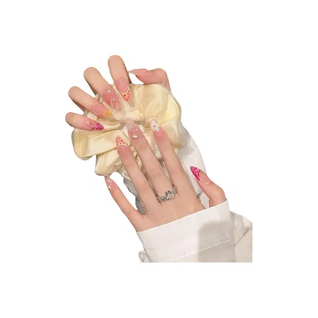 凡泽 欧美  穿戴甲 杏仁桃红渐变 可爱 纯手工彩绘显白气质