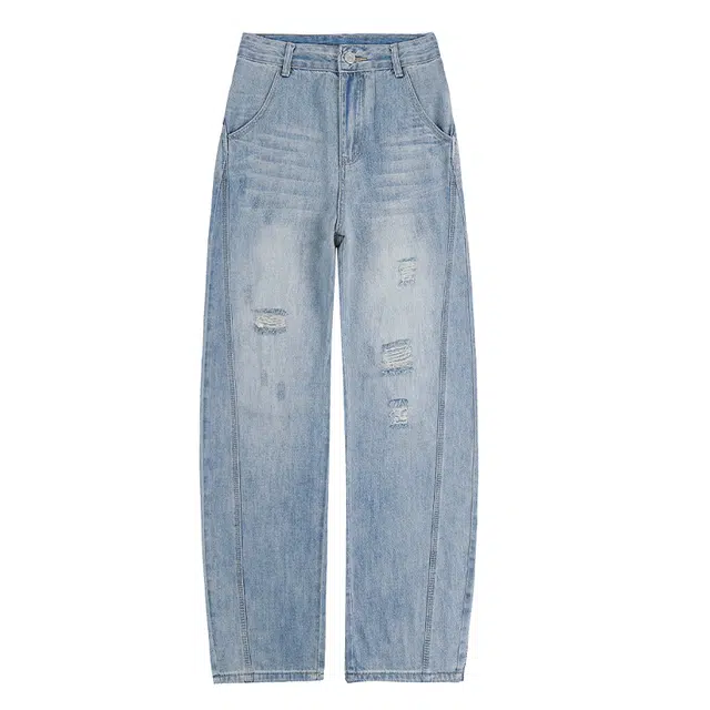拾籍 时尚百搭休闲宽松显瘦破洞设计阔腿裤女高街风复古垂感舒适拖地牛仔裤 女款