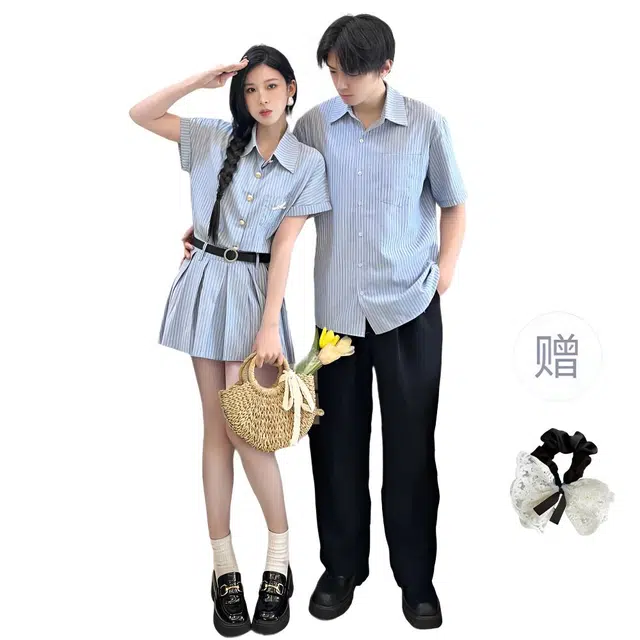 涂诗菲 文艺气质条纹翻领短裙连衣裙女宽松衬衣上衣男短袖情侣套装