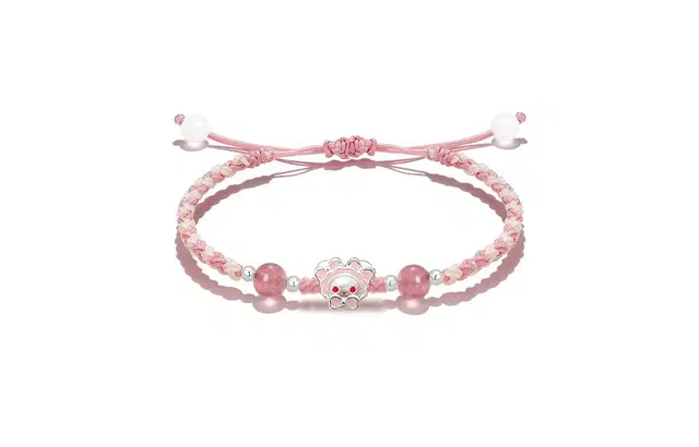 【S999纯银】 牧言 桃花兔熊 萌趣可爱浪漫甜美新中式小众高级感 立体粉蝴蝶结兔子圆珠编织绳手饰 约会好运 足银 手绳 男女同款情侣款