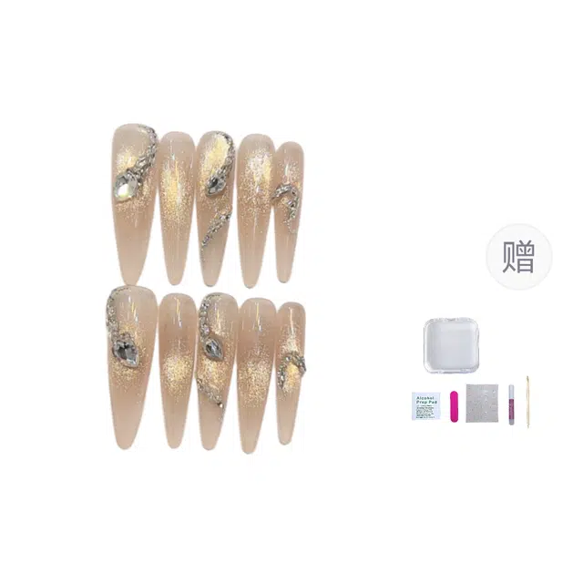 几多萌 鎏金灵蛇 夏季爆闪锆石钻美甲贴手工穿戴甲可拆卸  杏仁裸色渐变 细闪