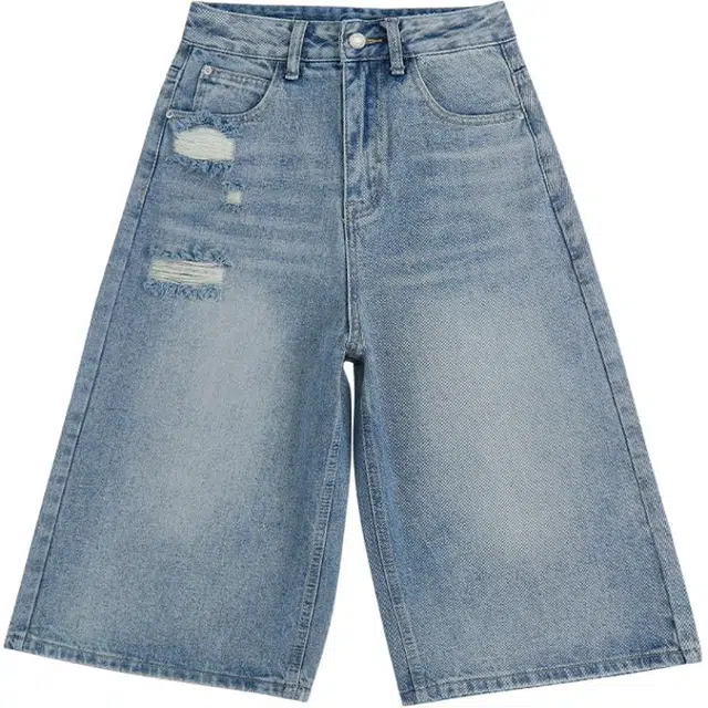 拾籍 美式风格手工磨破薄款高街潮流舒适百搭宽松直筒牛仔短裤 女款