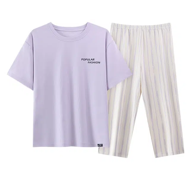 顶瓜瓜 抗菌纯棉短袖七分裤圆领套头甜美纯色条纹两件套家居服夏季 睡衣套装 女款