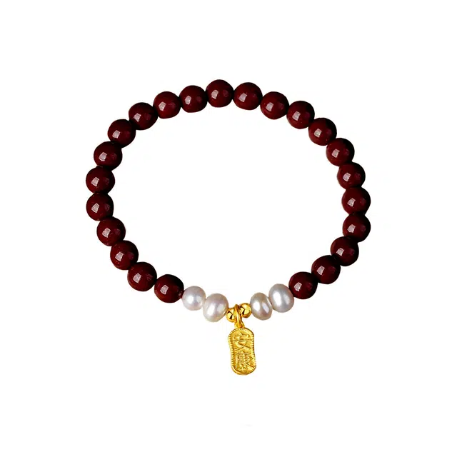 【平安喜乐】中国黄金 珍·尚银 诸事顺利 福气满满 新中式国潮古风珍珠福牌 小众轻奢精致优雅简约气质日常 礼盒好运 朱砂 手串 女款